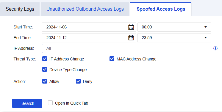NGAF web UI showing Spoofed Access Logs search/filter page with Start/End Time, IP Address, Threat Type (IP Address Change, MAC Address Change, Device Type Change), and Action (Allow, Deny) filters
