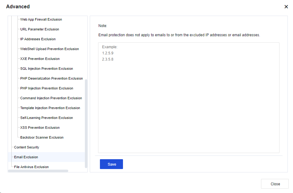 NGAF web UI showing Advanced settings with Email Exclusion selected in left nav, showing note about email protection exclusion for IP addresses and email addresses, with example entries (1.2.5.9, 2.3.5.8)