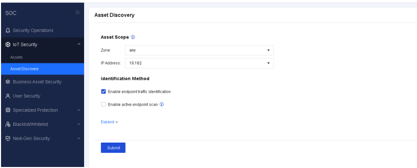 Asset Discovery Advanced settings showing auto-delete options, scan interval settings, and SNMP MAC obtain option