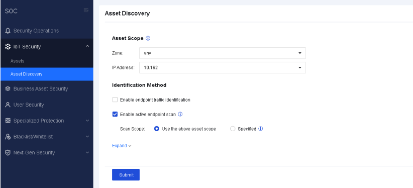 NGAF SOC > IoT Security > Assets page showing list of discovered IoT devices (cameras) with IP addresses, asset type, status, and detection timestamps