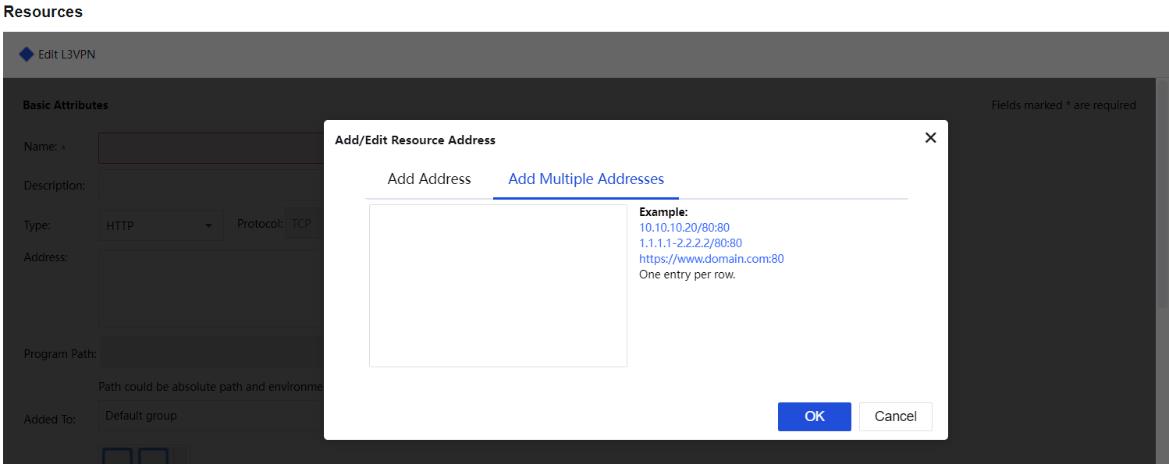 Add/Edit Resource Address dialog showing Add Address tab with IP or domain option, IP/Domain field, and Port range fields