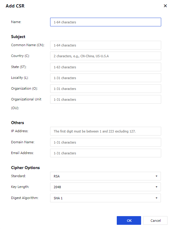 Import Certificate dialog showing Name, Status (Enabled/Disabled), Certificate Type (CER Root Certificate), and Root CA Cert import button