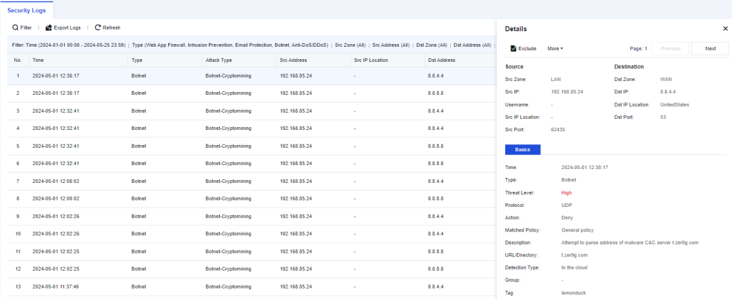 Log Database search page showing Period date range selector (2020-02-21 to 2021-02-21) with Search button