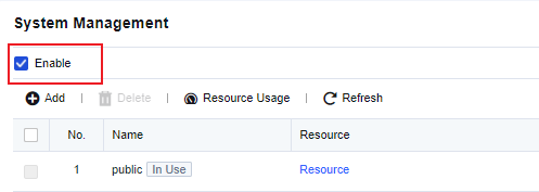 NGAF web UI showing System Management page for Virtual Systems with Enable checkbox checked, list showing 3 VSYS entries: public (In Use), test1, and testl with Resource columns - directly shows VSYS management interface