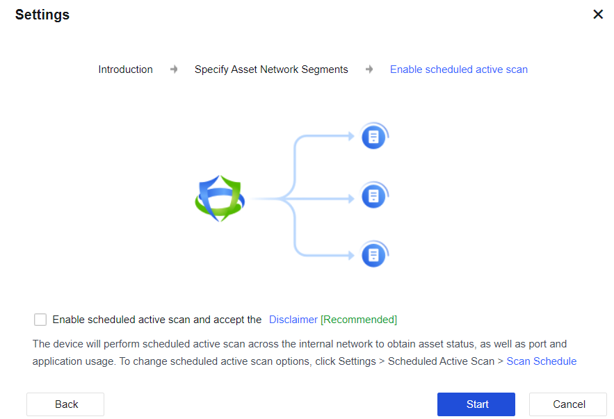 NGAF web UI showing Asset Management Settings wizard at Introduction step with diagram showing devices connecting to NGAF, explaining traffic analytics for identifying internal assets, ports and applications, with Next button