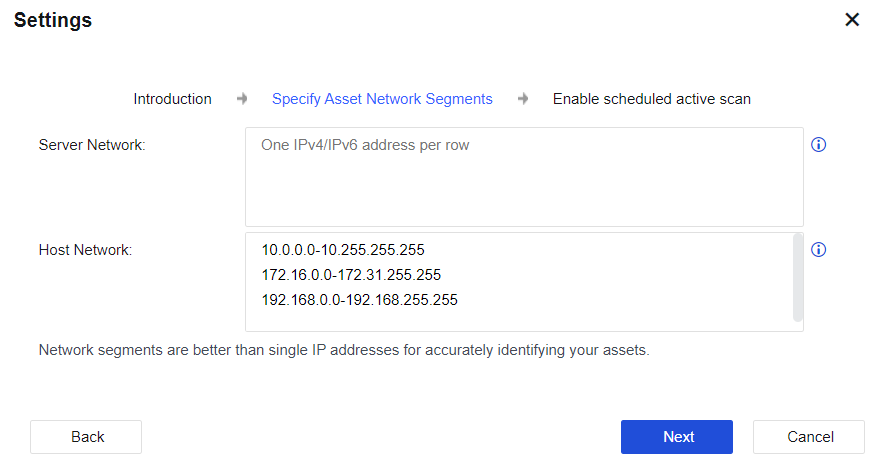 NGAF web UI showing Asset Management Settings wizard at Enable scheduled active scan step with diagram showing NGAF scanning devices, checkbox for enabling scheduled active scan with Disclaimer link, and Start button