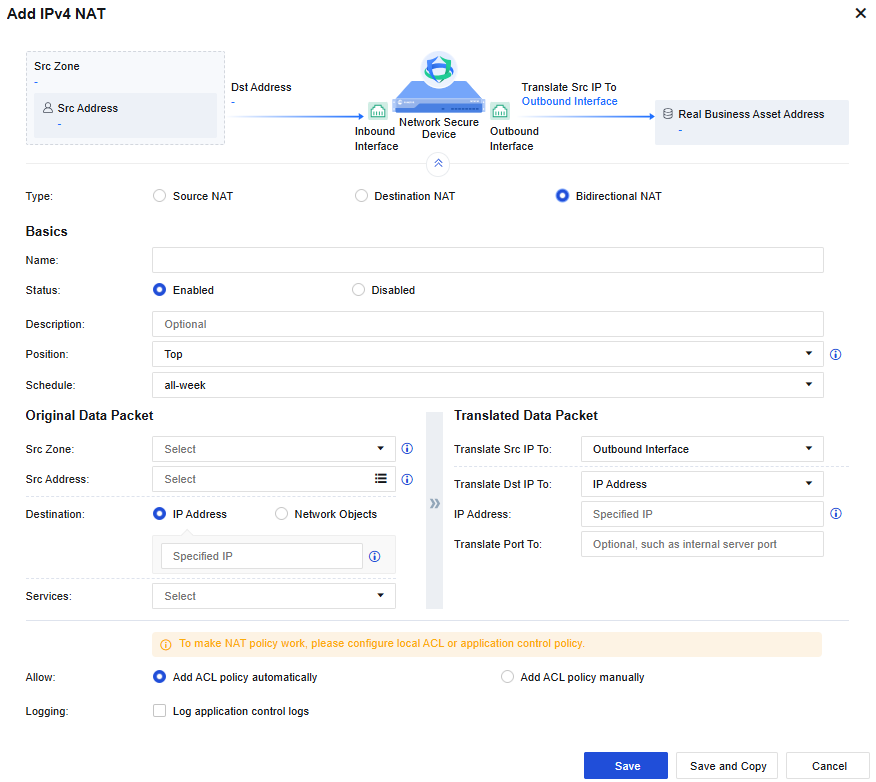 NGAF web UI showing Bidirectional NAT Original Data Packet section with Src Zone: WAN,LAN, Src Address: All, Destination IP: 1.2.1.1, Services: http - filled-in example