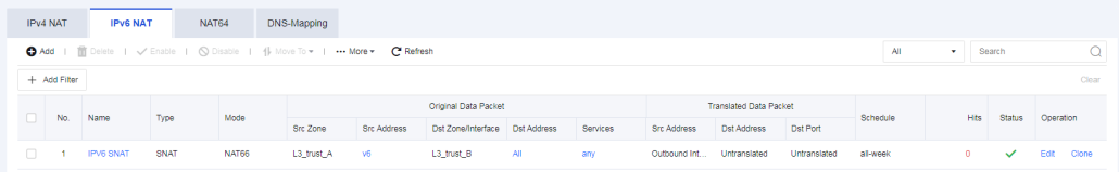 NGAF web UI showing Add IPv6 NAT Policy dialog with Source NAT type selected (NAT66 mode), showing Original Data Packet and Translated Data Packet configuration fields