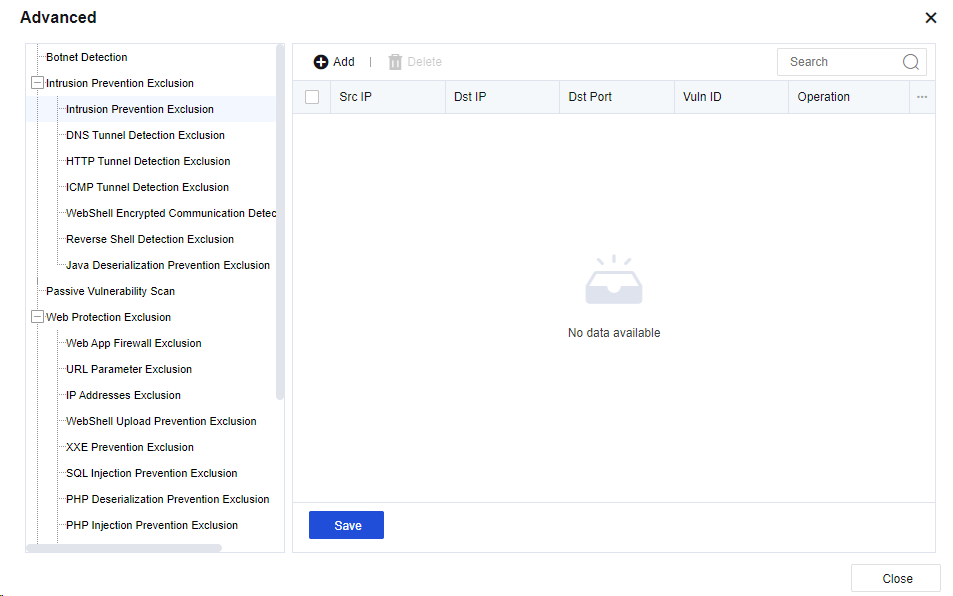 NGAF web UI showing Add Intrusion Prevention Exclusion dialog with fields for Src IP, Dst IP, Dst Port (0-65535), and Vuln ID (0-29999999)