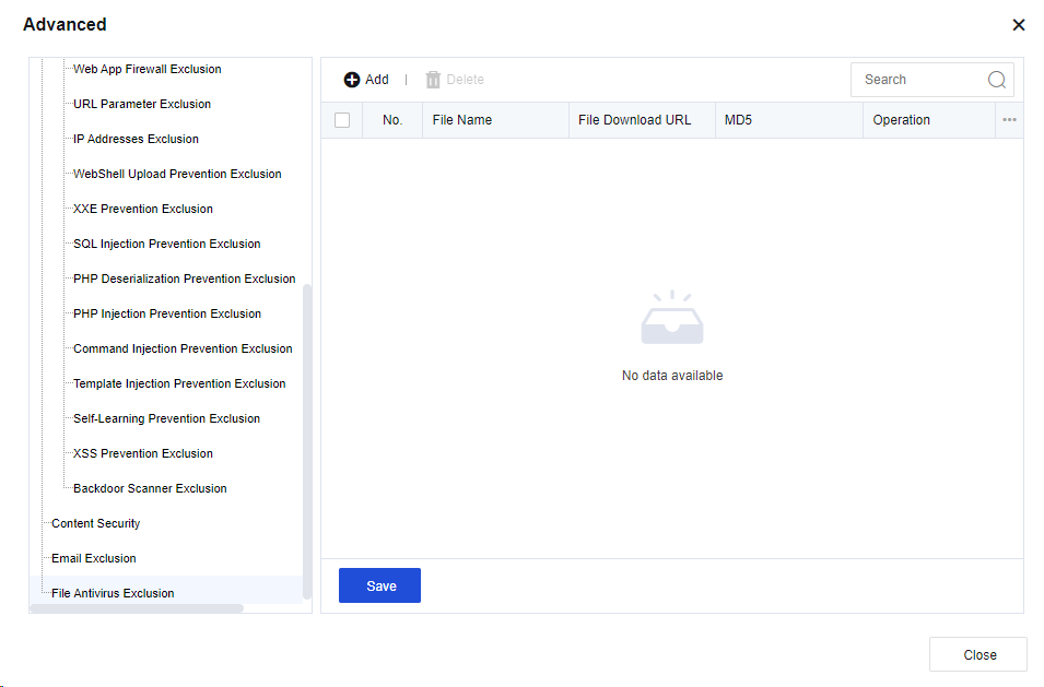 NGAF web UI showing Add File Antivirus Exclusion dialog with File Name field, MD5/URL option (MD5 or File Upload/Download), and Description field