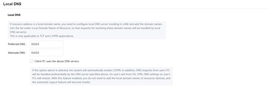 SSL VPN Local DNS configuration page showing Preferred DNS, Alternate DNS fields, and 'Client PC uses the above DNS servers' checkbox with explanatory notes about L3VPN behavior
