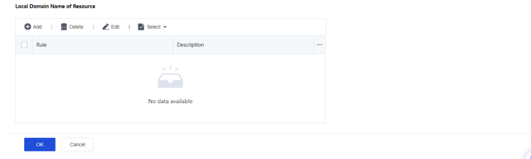 Local Domain Name of Resource management table with Add/Delete/Edit/Select buttons and Rule/Description columns - empty state