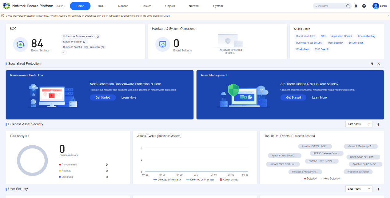 Specialized Protection section showing Ransomware Protection and Endpoint Secure and NGAF banners with Get Started/Learn More buttons