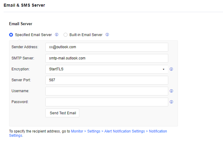 Email & SMS Server configuration page showing Email Server section with Specified/Built-in options, Sender Address (outlook.com), SMTP Server, Encryption (StartTLS), Server Port (587), Username, Password, and Send Test Email button