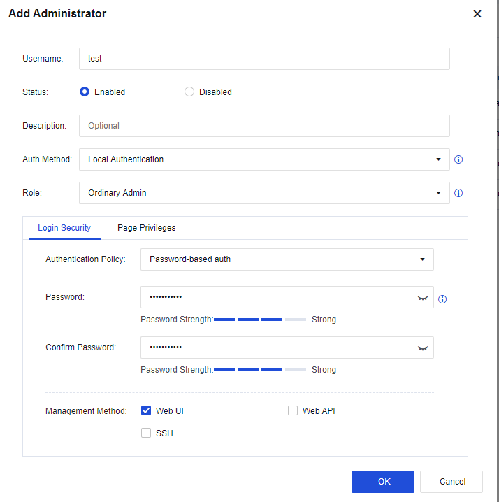 NGAF web UI showing Administrator list page with 4 admin accounts: admin (Super administrator), auditadmin (Audit admin), securityadmin (Security admin), systemadmin (System admin) with columns for Role, Management Method, Status, and Operation