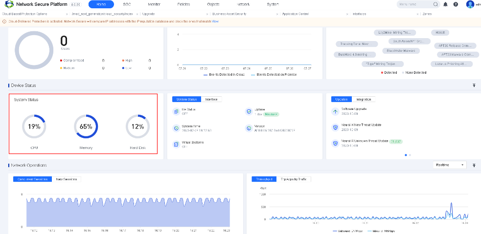 NGAF web UI showing Security Capability Update page listing all signature databases with current/latest versions, update service expiration, auto update status, and Update Now/Rollback operations - relevant for weekly signature update check