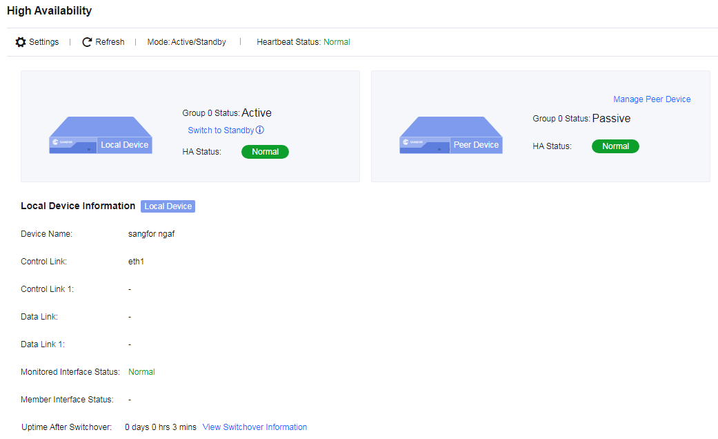 HA Policy Settings page showing Active/Active mode selected, Control Link (eth1) and Data Link (eth4) configuration with Local/Peer IP addresses, Layer 2 Mode and HA Traffic options