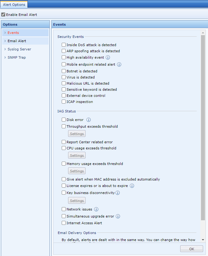 Alert Options with email notification events configuration