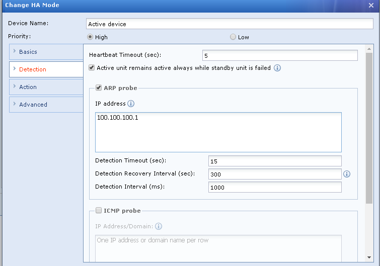 HA Detection settings with ARP and ICMP probe