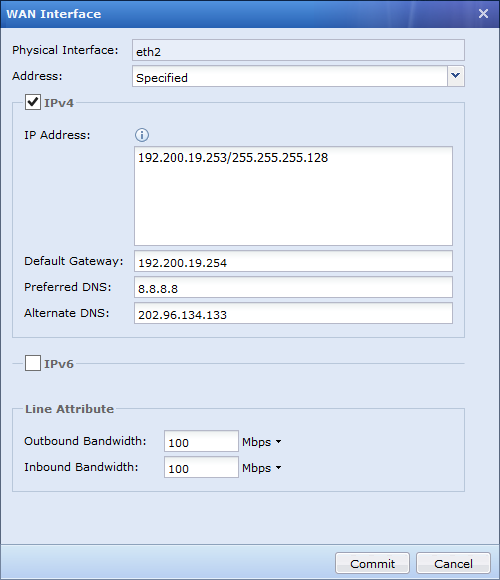 WAN Interface configuration with IPv4 settings