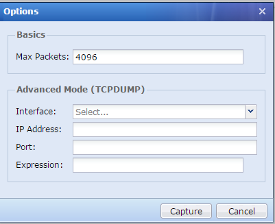Capture Packets Options dialog with TCPDUMP settings
