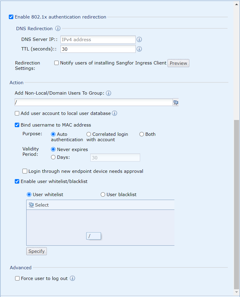 IAG 802.1x Redirection and Action Settings