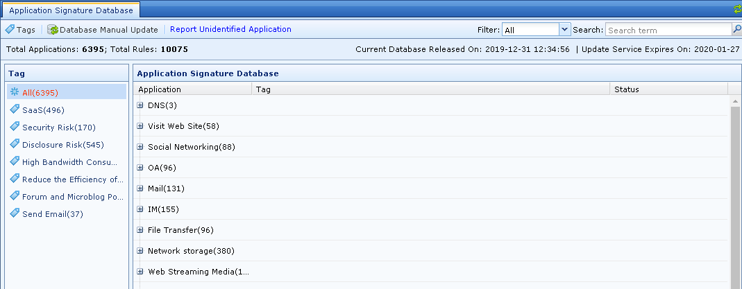 Application Signature Database main page with categories