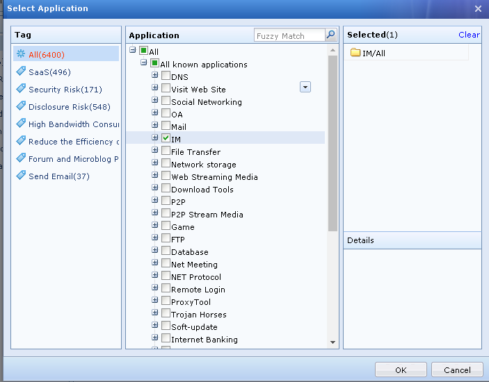 Select Application dialog with category tree