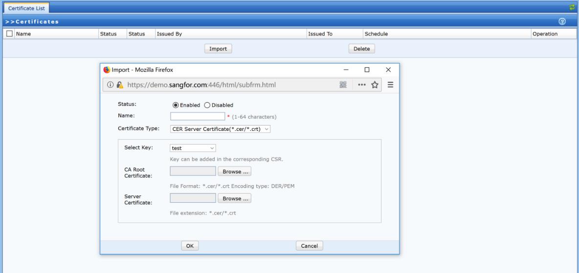 Certificate import dialog with type selection