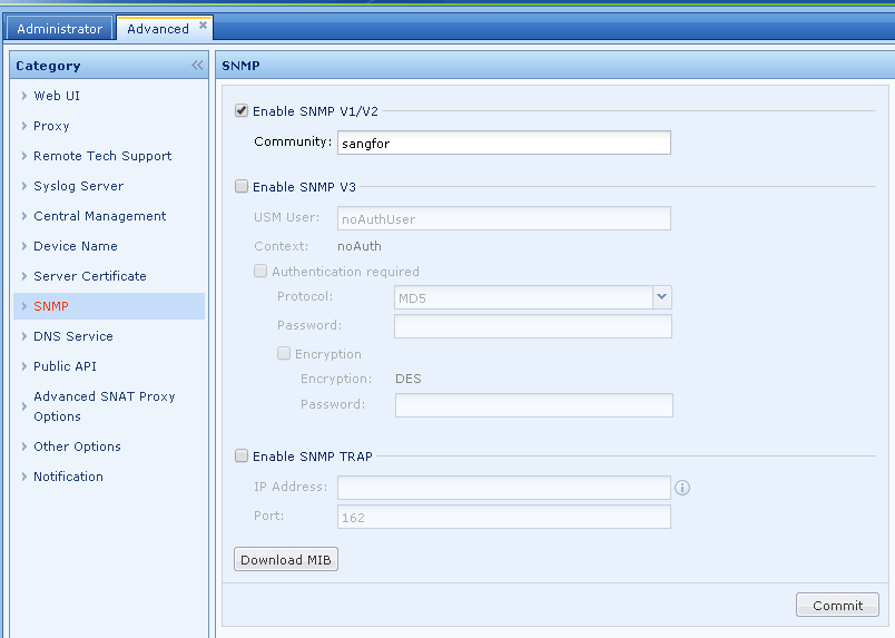 SNMP configuration page with V1/V2 and V3 settings