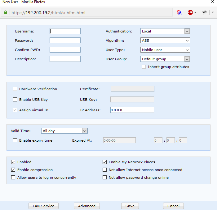 New VPN User creation form