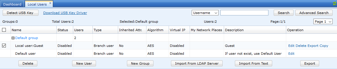 VPN Local Users management list