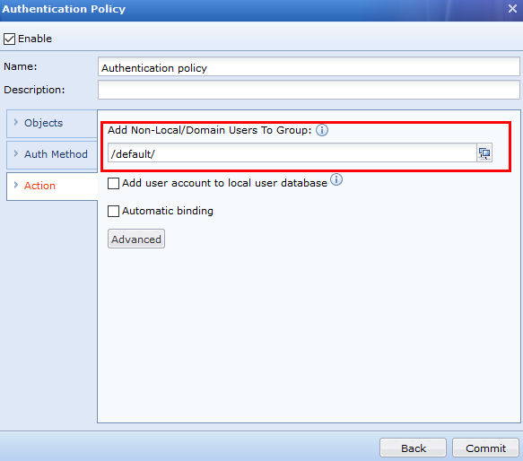 Authentication Policy Action tab with auto binding