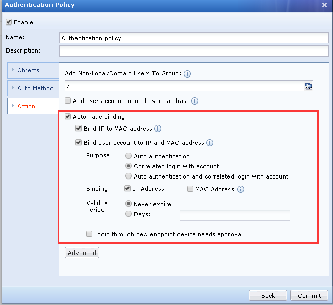 Authentication Action with automatic binding settings