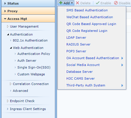 Auth Server Add menu showing RADIUS LDAP POP3 and other methods
