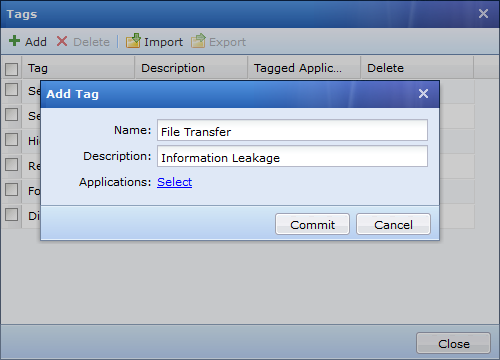 Add Tag dialog for application categorization