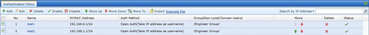 Authentication Policy list showing IP ranges and auth methods