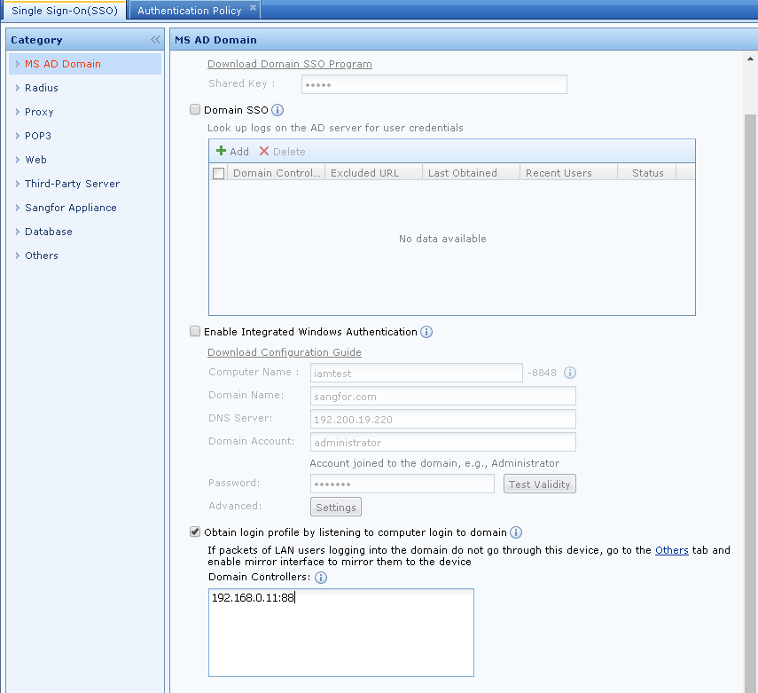 MS AD Domain SSO configuration page