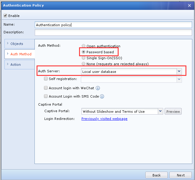 Password-based authentication method with local user database