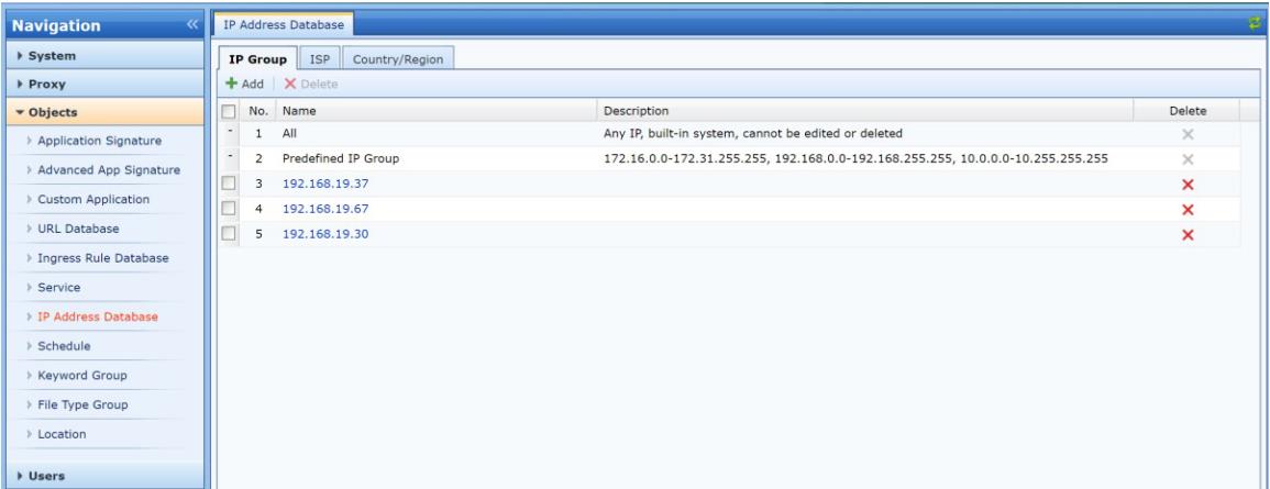 IP Address Database page with IP Group tab