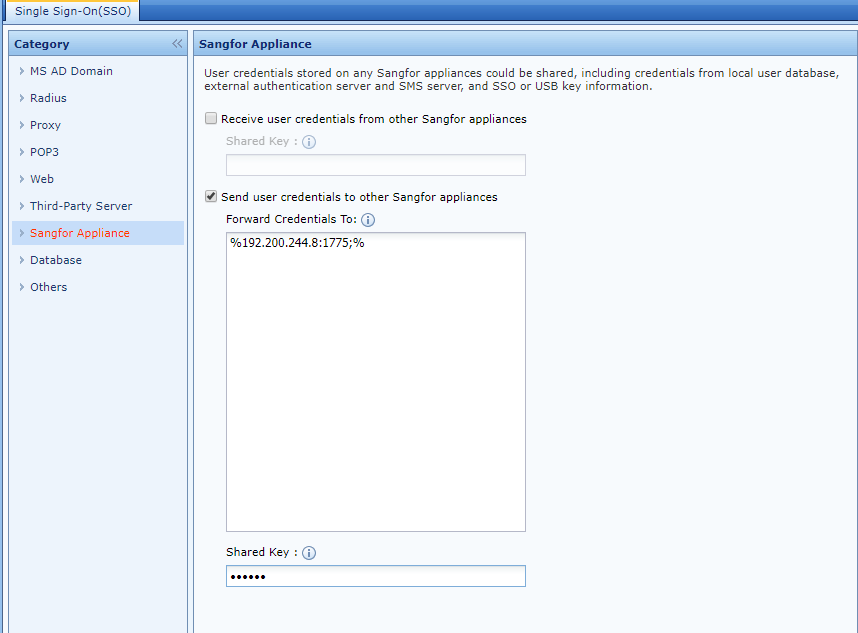 SSO Sangfor Appliance credential sharing settings