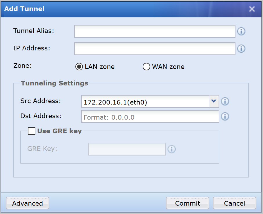 Add Tunnel dialog with tunneling settings