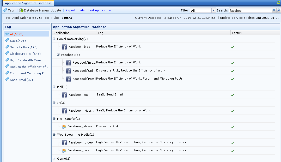 Application Signature Database search results for Facebook