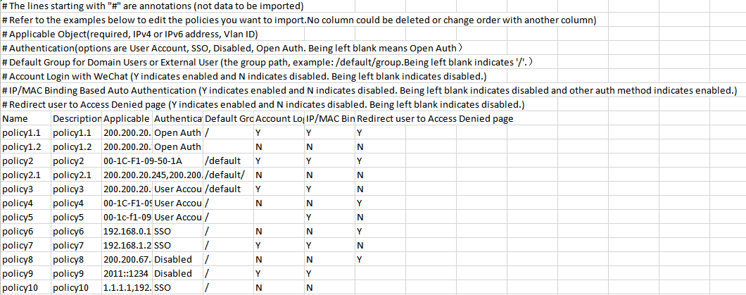 Authentication Policy import CSV file format example