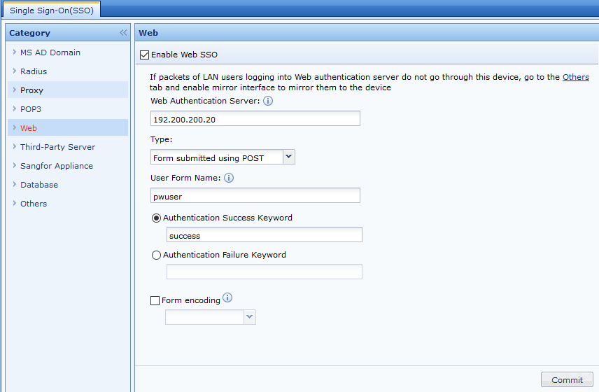 Web SSO configuration page with authentication settings