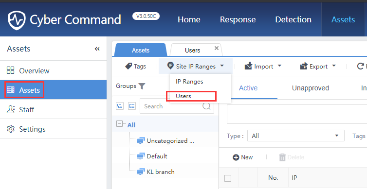 Cyber Command Assets page with user management