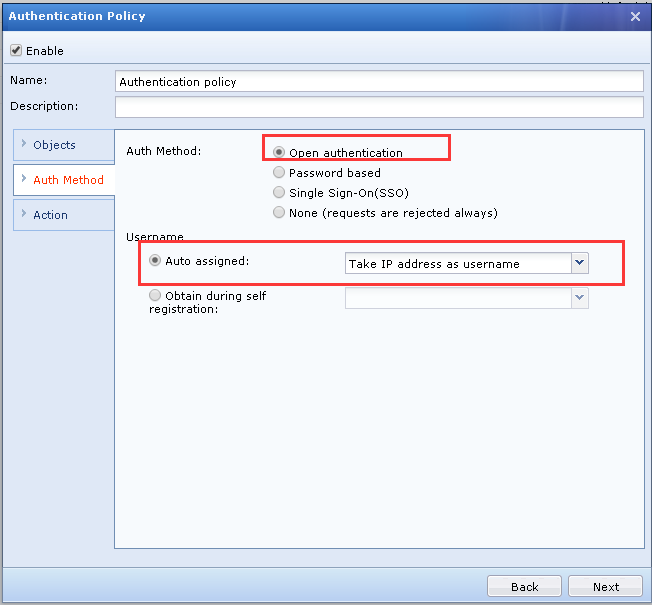 Authentication Method - Open Authentication with auto-assigned username