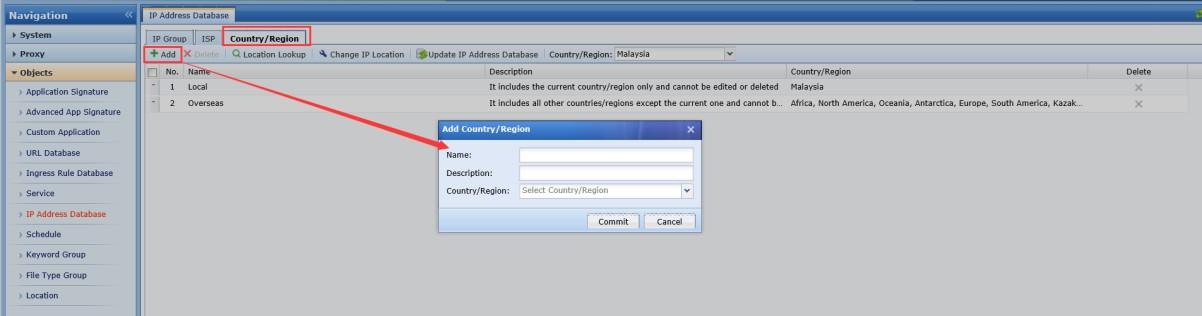 IP Address Database Country/Region tab with Add dialog