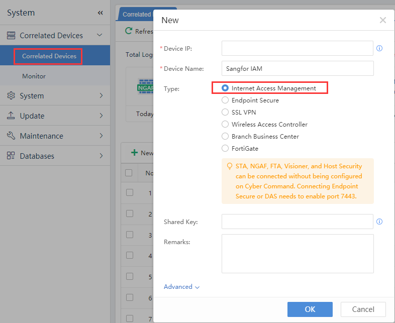 Add Correlated Device dialog with device type options