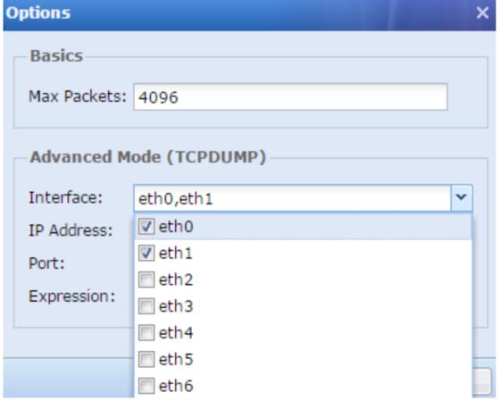 TCPDUMP Options with interface selection dropdown